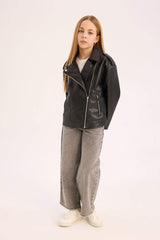 Girls Waterproof Zippered Faux Leather Jacket Coat