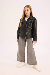 Girls Waterproof Zippered Faux Leather Jacket Coat