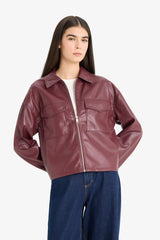 Regular Fit Shirt Collar Faux Leather Long Sleeve Shirt