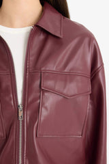 Regular Fit Shirt Collar Faux Leather Long Sleeve Shirt