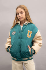 Girls Removable Hooded College Collar Bomber Jacket with Snap Button and Pocket