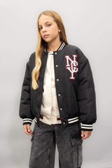 Girls Waterproof College Collar Bomber Jacket with Snap Button and Pocket