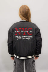 Girls Waterproof College Collar Bomber Jacket with Snap Button and Pocket