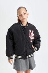 Girls Waterproof College Collar Bomber Jacket with Snap Button and Pocket