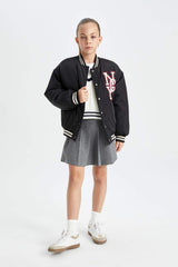 Girls Waterproof College Collar Bomber Jacket with Snap Button and Pocket