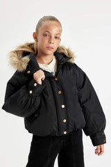 Girls Detachable Hooded Coat with Zipper and Snap Pocket