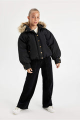 Girls Detachable Hooded Coat with Zipper and Snap Pocket