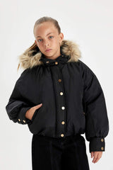 Girls Detachable Hooded Coat with Zipper and Snap Pocket