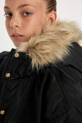 Girls Detachable Hooded Coat with Zipper and Snap Pocket