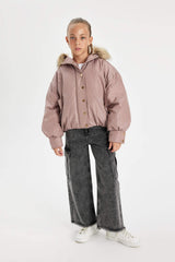 Girls Detachable Hooded Coat with Zipper and Snap Pocket