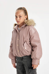 Girls Detachable Hooded Coat with Zipper and Snap Pocket