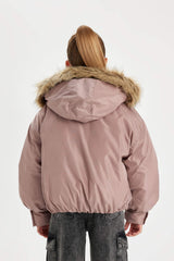 Girls Detachable Hooded Coat with Zipper and Snap Pocket