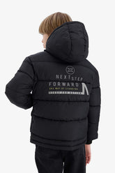 Boys Waterproof Hooded Back Printed Zippered Puffer Jacket