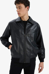 Water Repellent Regular Fit Shirt Collar Zippered Faux Leather Seasonal Jacket Coat with Inner Pocket