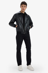 Water Repellent Regular Fit Shirt Collar Zippered Faux Leather Seasonal Jacket Coat with Inner Pocket