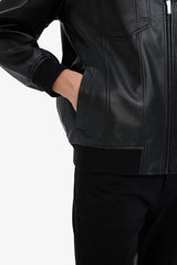 Water Repellent Regular Fit Shirt Collar Zippered Faux Leather Seasonal Jacket Coat with Inner Pocket