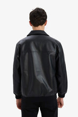 Water Repellent Regular Fit Shirt Collar Zippered Faux Leather Seasonal Jacket Coat with Inner Pocket