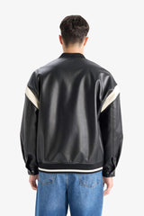 Water Repellent Regular Fit College Collar Zippered Bomber Seasonal Spring Leather Jacket Coat with Internal Pocket Detail