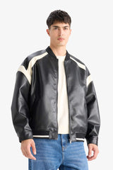 Water Repellent Regular Fit College Collar Zippered Bomber Seasonal Spring Leather Jacket Coat with Internal Pocket Detail