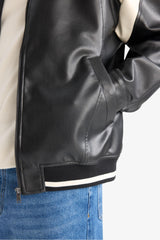 Water Repellent Regular Fit College Collar Zippered Bomber Seasonal Spring Leather Jacket Coat with Internal Pocket Detail