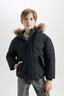 Boys Detachable Faux Fur Collar Hooded Zippered Snap Pocket Coat