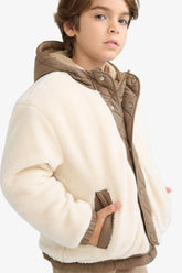 Boys' Hooded Plush Jacket with Snap Button and Zipper