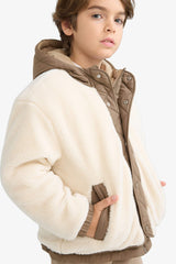 Boys' Hooded Plush Jacket with Snap Button and Zipper