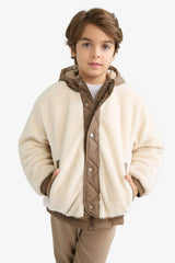 Boys' Hooded Plush Jacket with Snap Button and Zipper