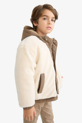 Boys' Hooded Plush Jacket with Snap Button and Zipper