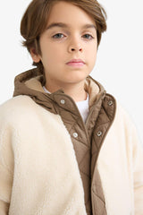 Boys' Hooded Plush Jacket with Snap Button and Zipper