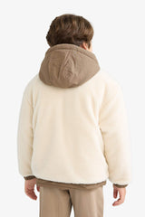 Boys' Hooded Plush Jacket with Snap Button and Zipper