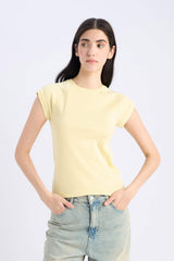 Slim Fit Slim Cut Crew Neck Basic Plain Rib Short Sleeve T-Shirt