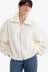 Oversize Wide Pattern Polo Collar Welsoft Plush Cardigan