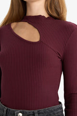 Slim Fit Narrow Cut Crew Neck Ribbed Long Sleeve T-Shirt