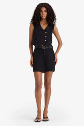 High-waisted, straight-leg, belted skort