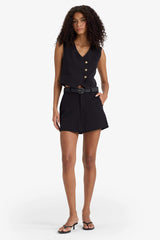 High-waisted, straight-leg, belted skort