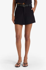 High-waisted, straight-leg, belted skort