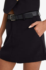 High-waisted, straight-leg, belted skort