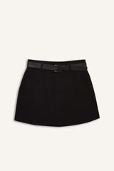 High-waisted, straight-leg, belted skort