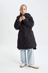 Girls Waterproof Hooded Zippered Snap Pocket Long Coat Parka