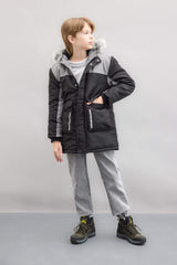 Boys Detachable Faux Fur Collar Hooded Plush Lining Parka