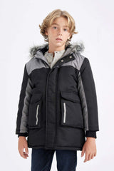 Boys Detachable Faux Fur Collar Hooded Plush Lining Parka