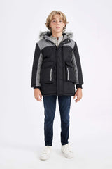 Boys Detachable Faux Fur Collar Hooded Plush Lining Parka