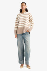 Oversize Loose Fit Crew Neck Slit Striped Knit Sweater