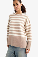 Oversize Loose Fit Crew Neck Slit Striped Knit Sweater