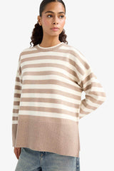 Oversize Loose Fit Crew Neck Slit Striped Knit Sweater