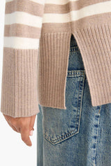 Oversize Loose Fit Crew Neck Slit Striped Knit Sweater
