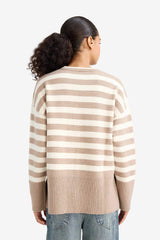 Oversize Loose Fit Crew Neck Slit Striped Knit Sweater