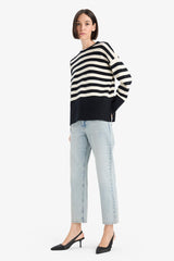 Oversize Loose Fit Crew Neck Slit Striped Knit Sweater