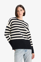 Oversize Loose Fit Crew Neck Slit Striped Knit Sweater